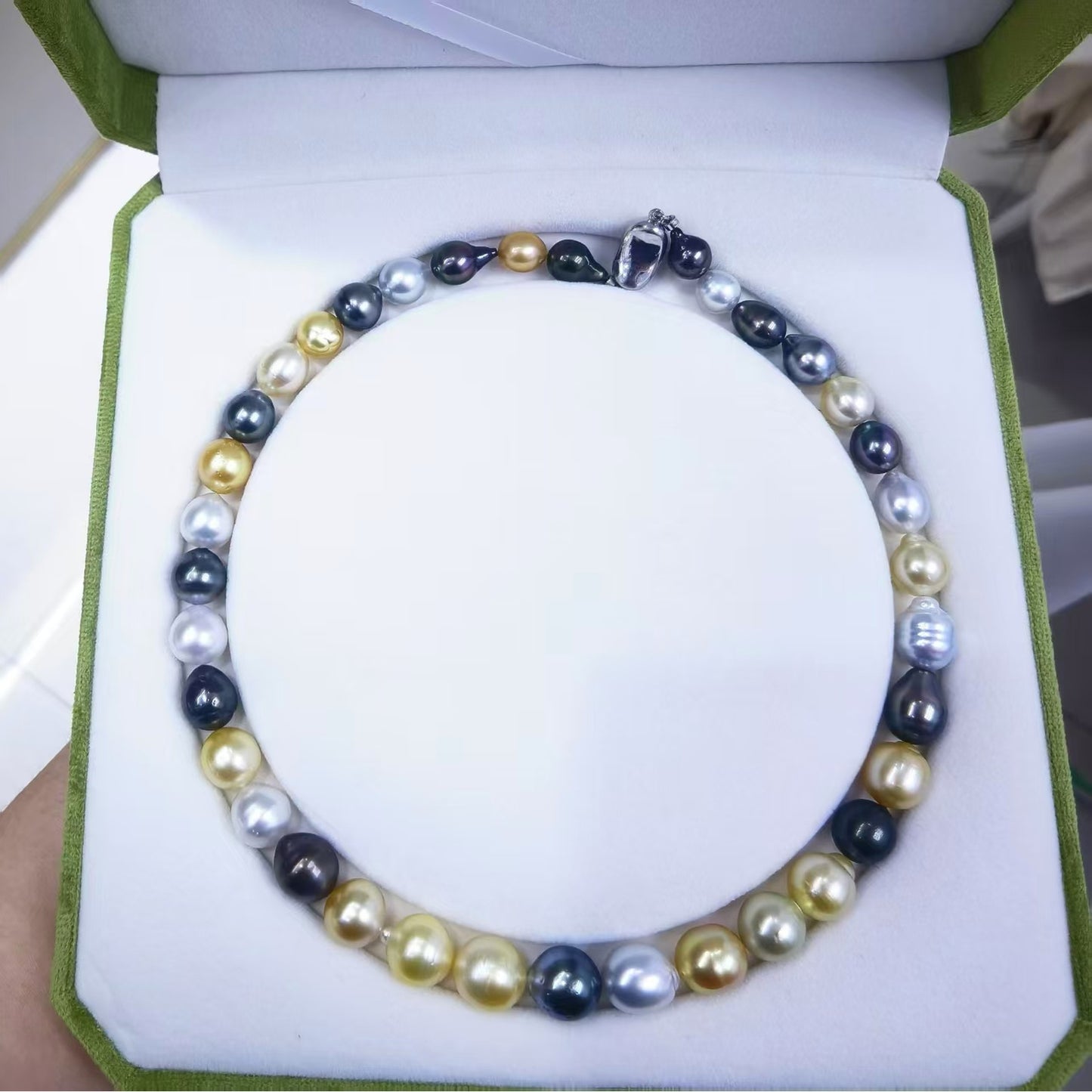 Full view of finished mixed South Sea and Tahitian baroque pearl necklace with S925 sterling silver clasp