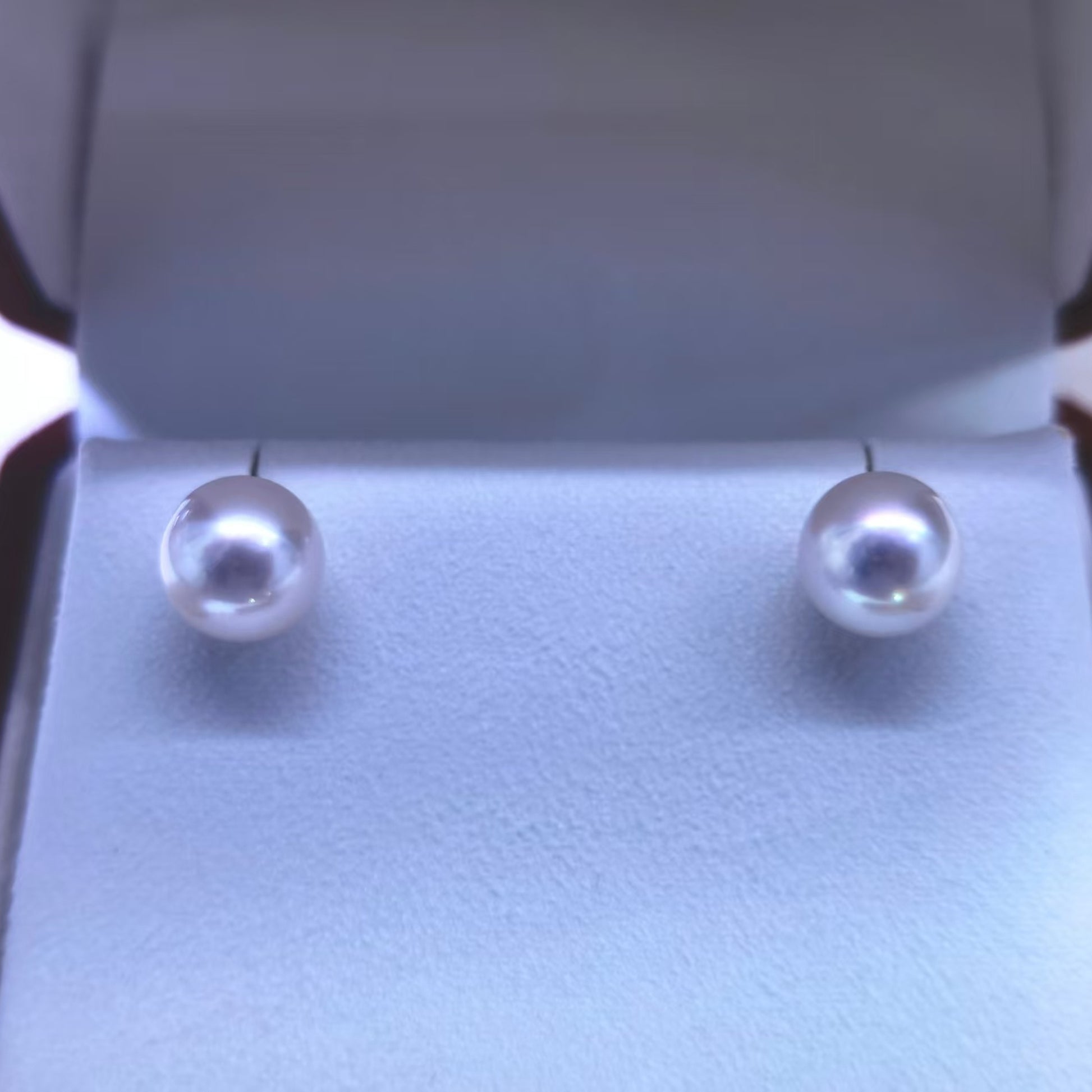 8–9mm white Akoya pearl stud earrings in 18K gold, exact pair reserved