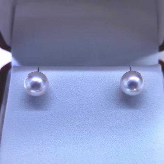 8–9mm white Akoya pearl stud earrings in 18K gold, exact pair reserved