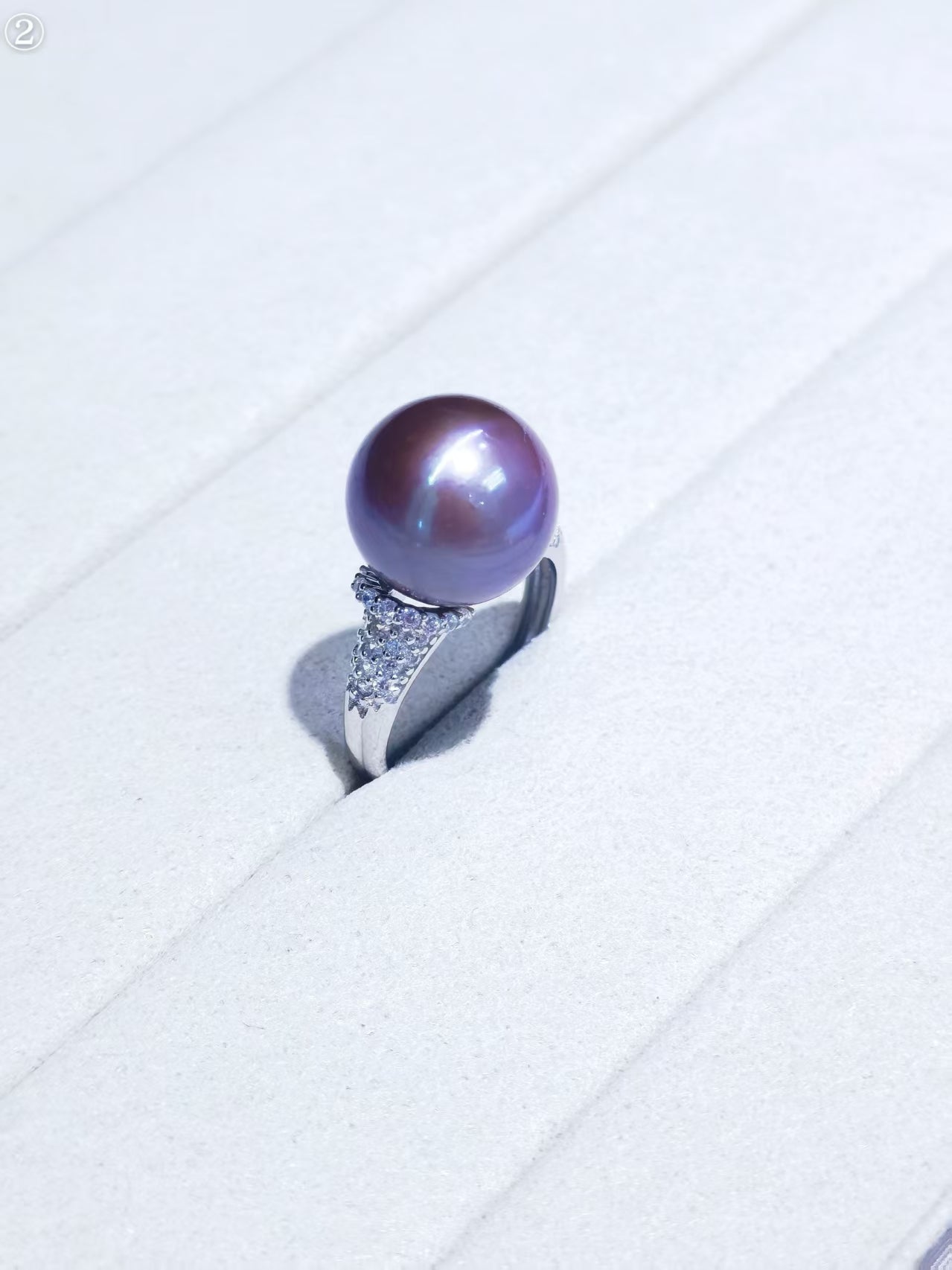 Deep purple Edison freshwater pearl ring on display box with sterling silver setting