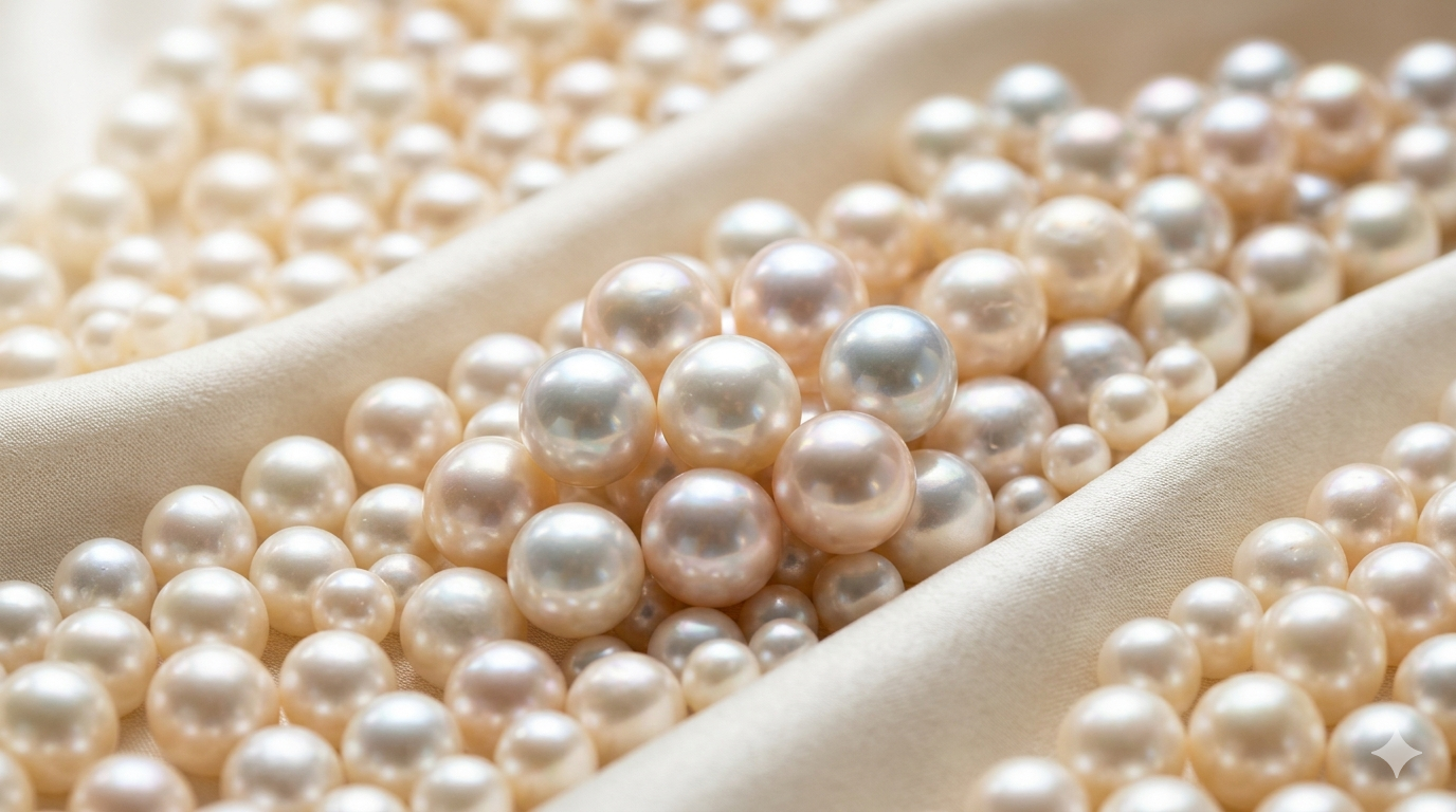 Freshwater pearls on soft beige fabric for Moonwater Pearls homepage banner
