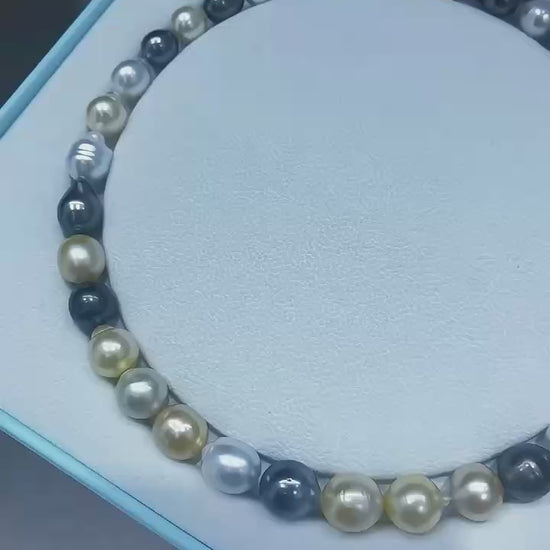 Video of the mixed South Sea and Tahitian baroque pearl strand before final finishing, showing pearl colors, luster, and natural shape variation