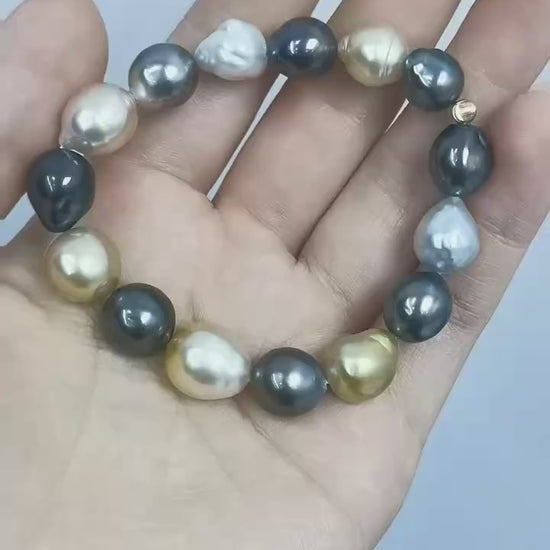 Video of mixed South Sea and Tahitian baroque pearl bracelet showing pearl colors, luster, and natural shape variation