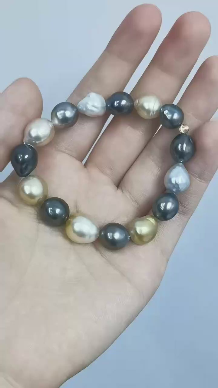 Video of mixed South Sea and Tahitian baroque pearl bracelet showing pearl colors, luster, and natural shape variation
